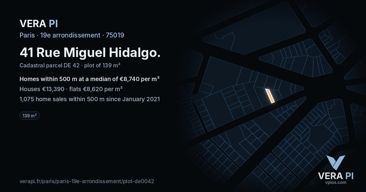 41 Rue Miguel Hidalgo, 19e arrondissement at night – the plot lit, the parcels around coloured by the prices near them