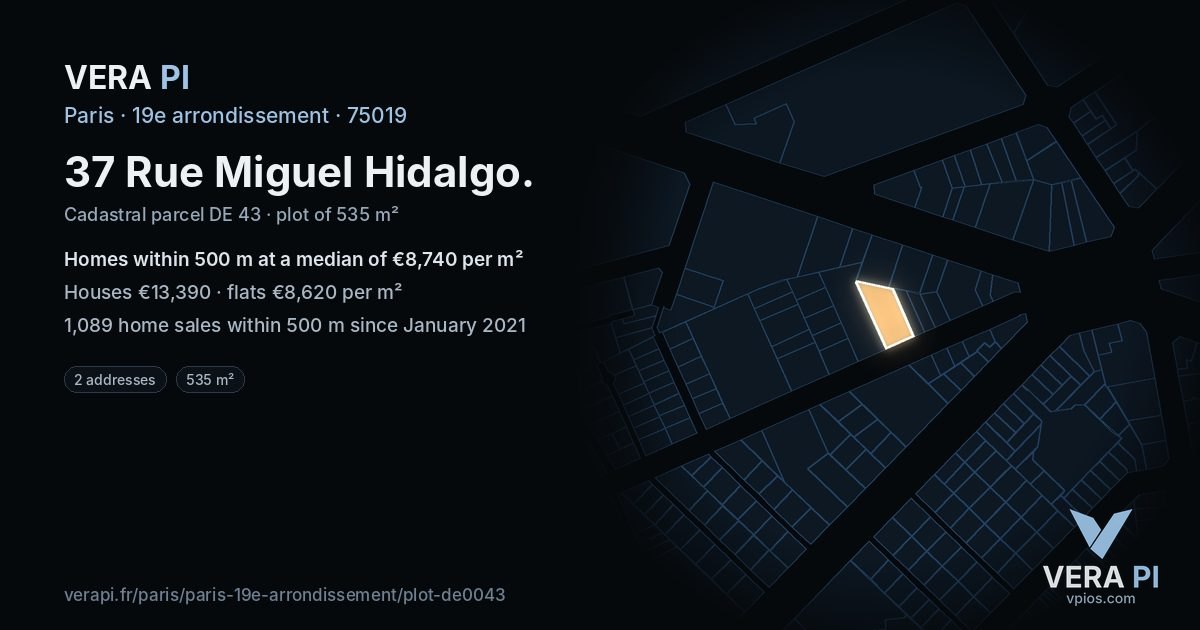37 Rue Miguel Hidalgo, 19e arrondissement at night – the plot lit, the parcels around coloured by the prices near them