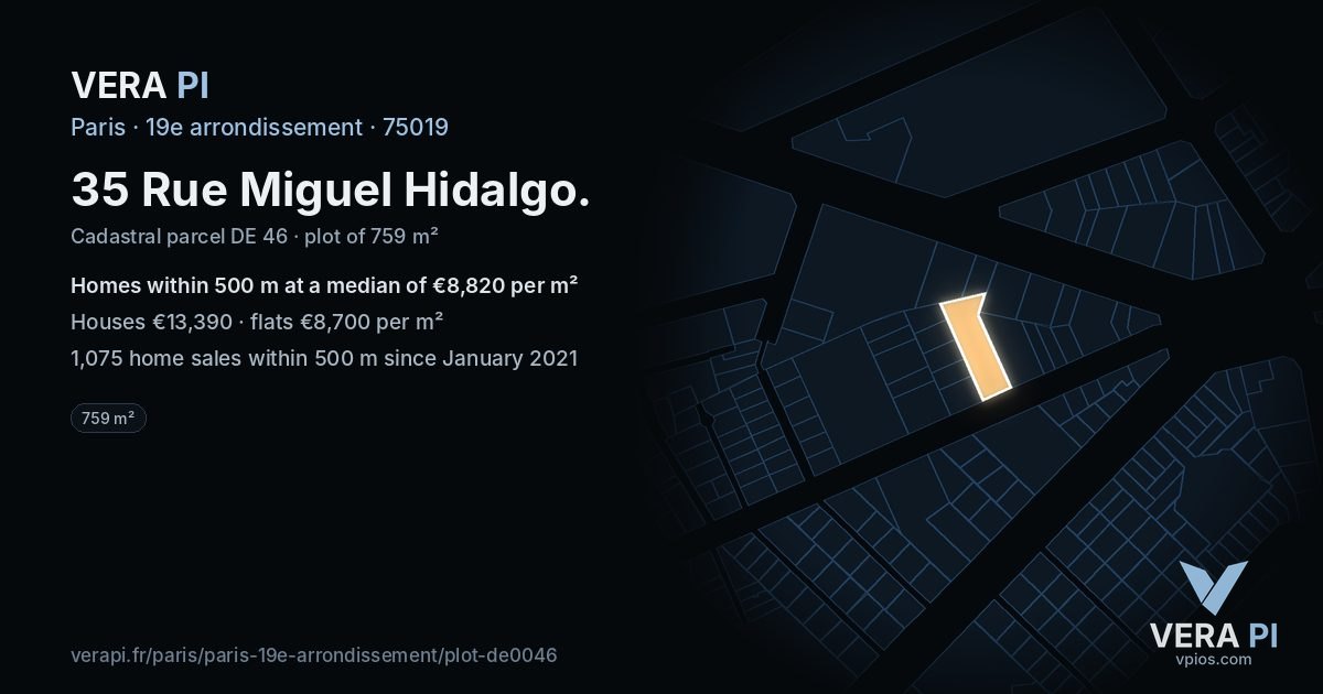35 Rue Miguel Hidalgo, 19e arrondissement at night – the plot lit, the parcels around coloured by the prices near them
