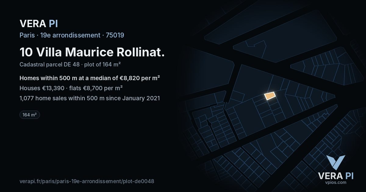 10 Villa Maurice Rollinat, 19e arrondissement at night – the plot lit, the parcels around coloured by the prices near them
