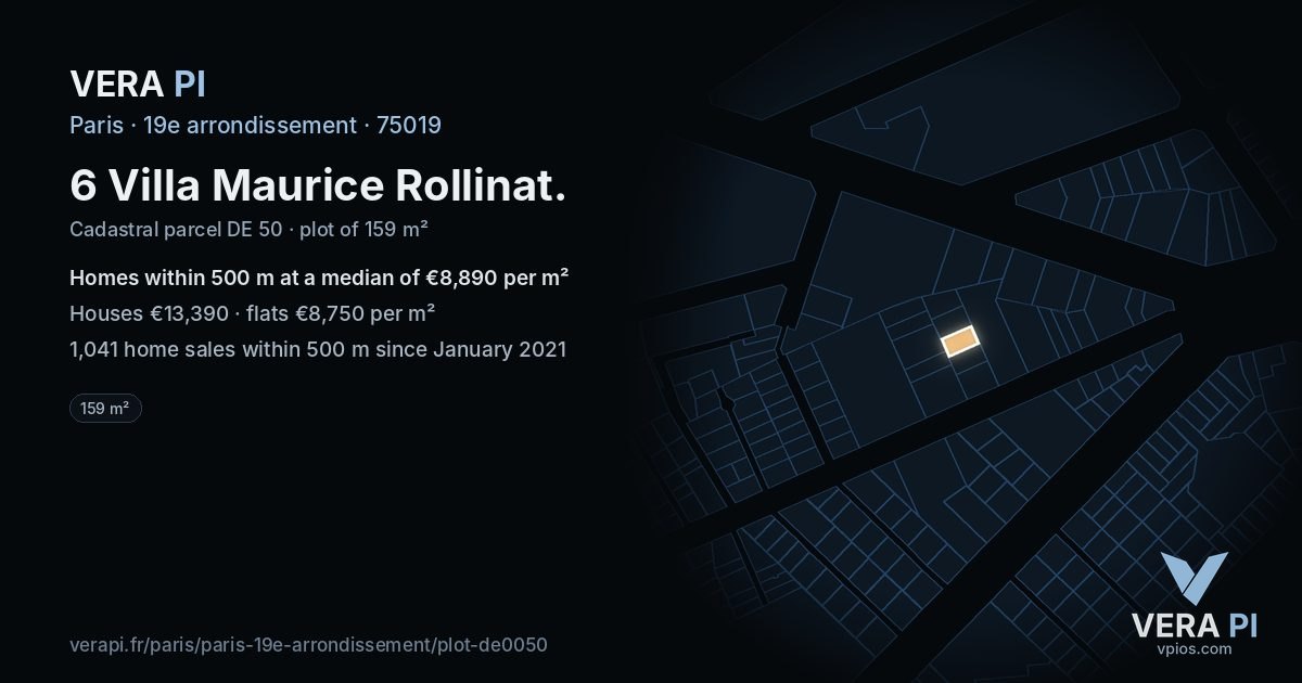 6 Villa Maurice Rollinat, 19e arrondissement at night – the plot lit, the parcels around coloured by the prices near them