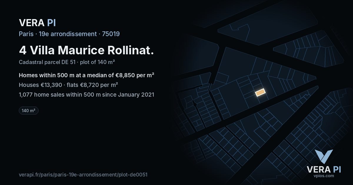 4 Villa Maurice Rollinat, 19e arrondissement at night – the plot lit, the parcels around coloured by the prices near them