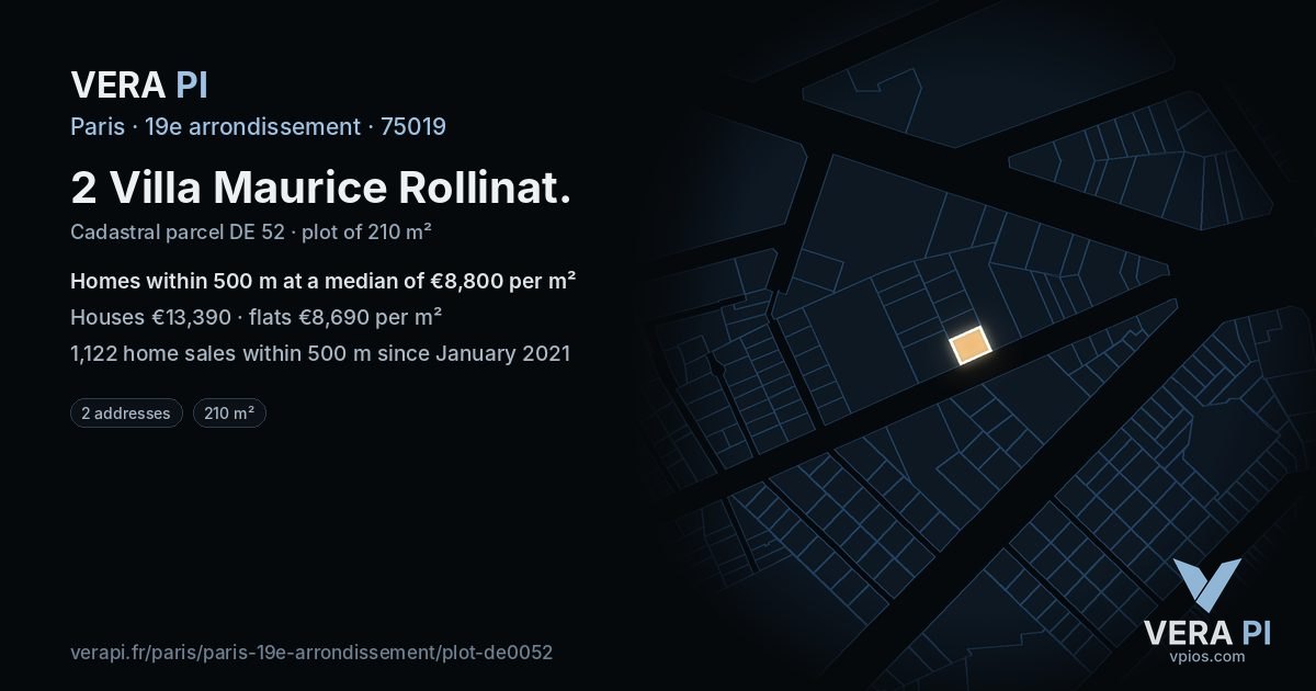 2 Villa Maurice Rollinat, 19e arrondissement at night – the plot lit, the parcels around coloured by the prices near them