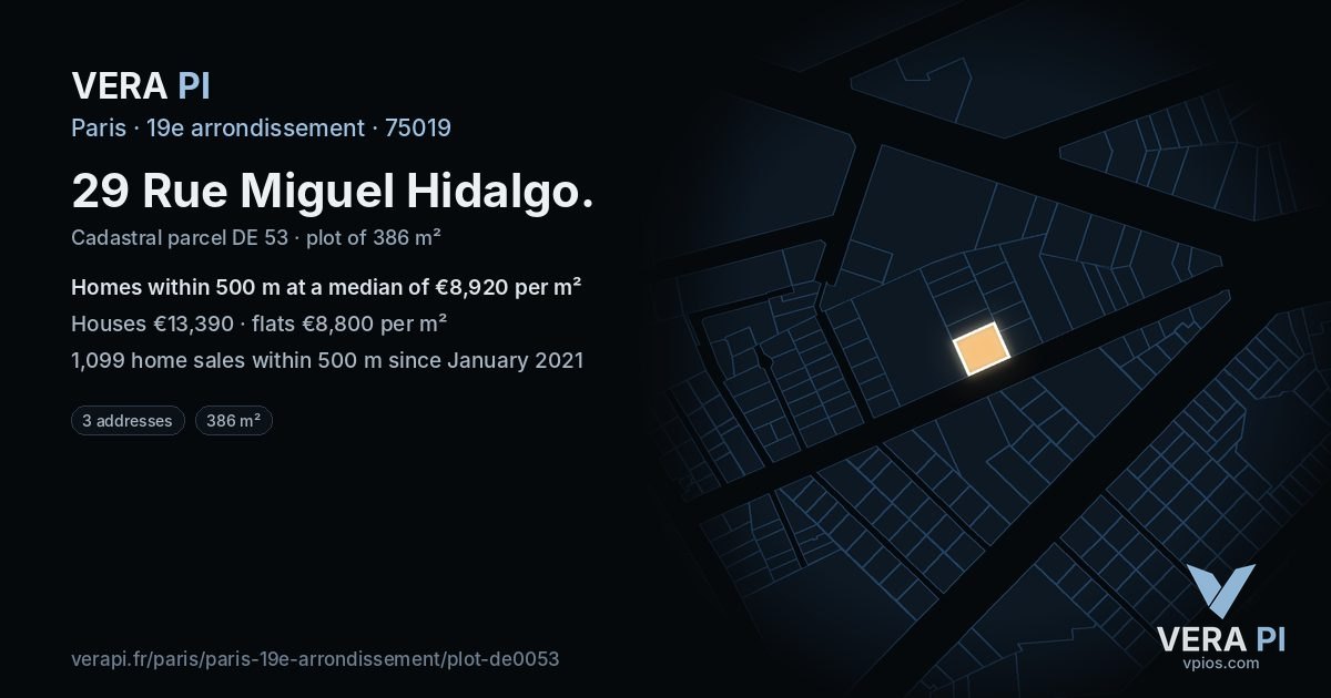 29 Rue Miguel Hidalgo, 19e arrondissement at night – the plot lit, the parcels around coloured by the prices near them