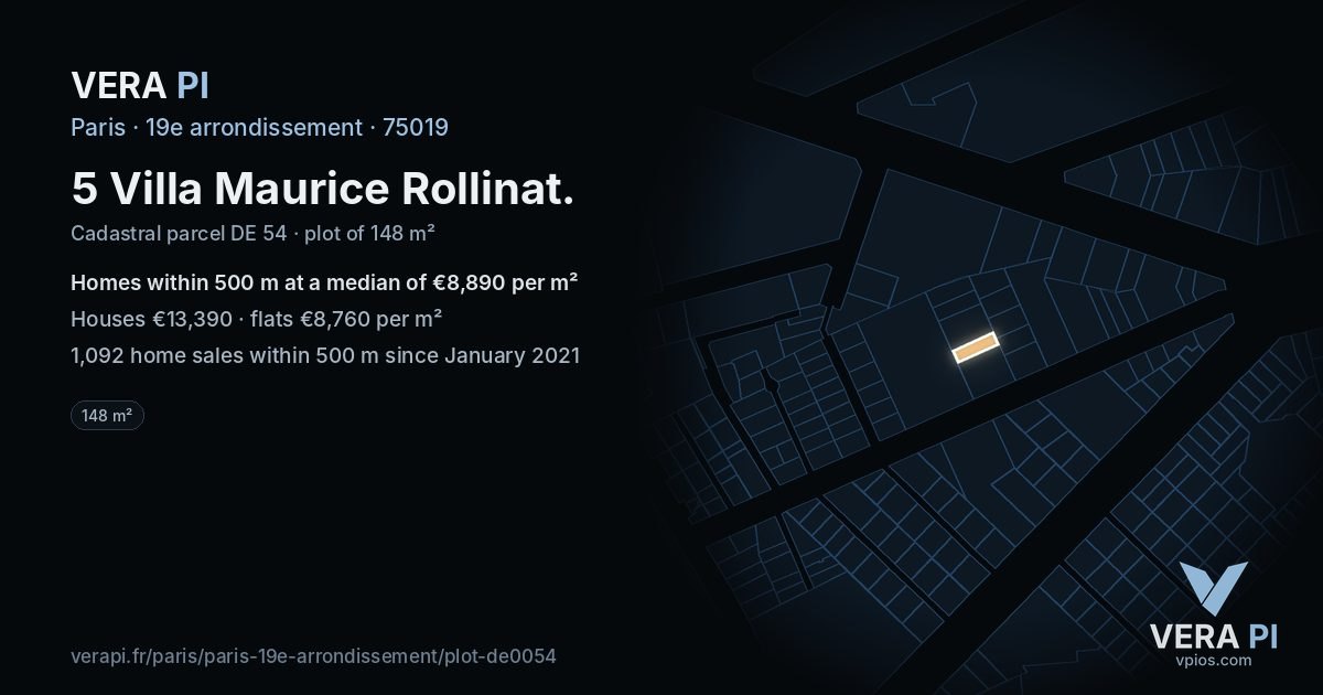 5 Villa Maurice Rollinat, 19e arrondissement at night – the plot lit, the parcels around coloured by the prices near them