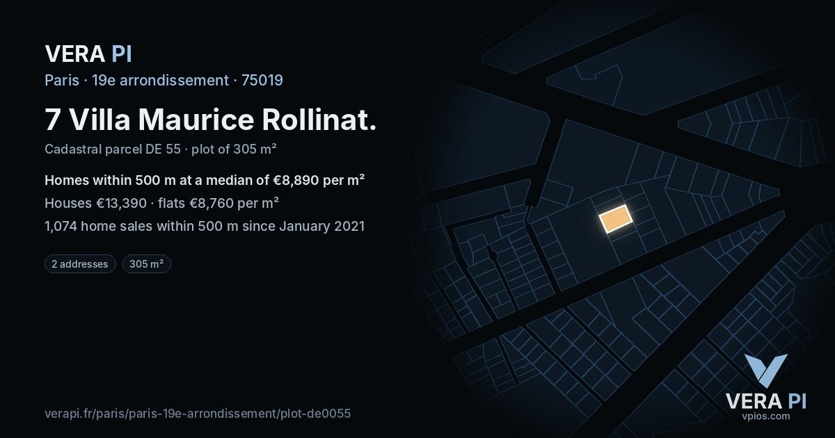 7 Villa Maurice Rollinat, 19e arrondissement at night – the plot lit, the parcels around coloured by the prices near them