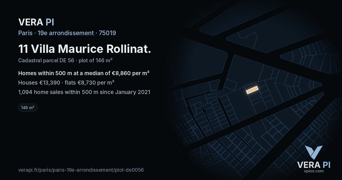 11 Villa Maurice Rollinat, 19e arrondissement at night – the plot lit, the parcels around coloured by the prices near them