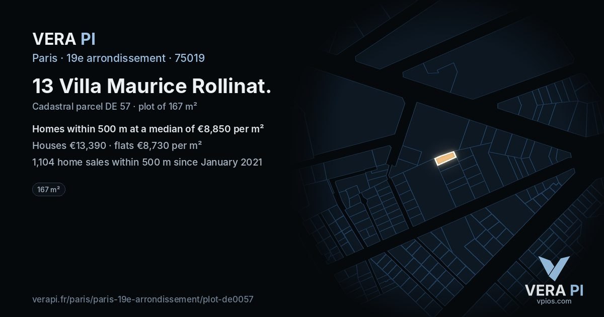 13 Villa Maurice Rollinat, 19e arrondissement at night – the plot lit, the parcels around coloured by the prices near them