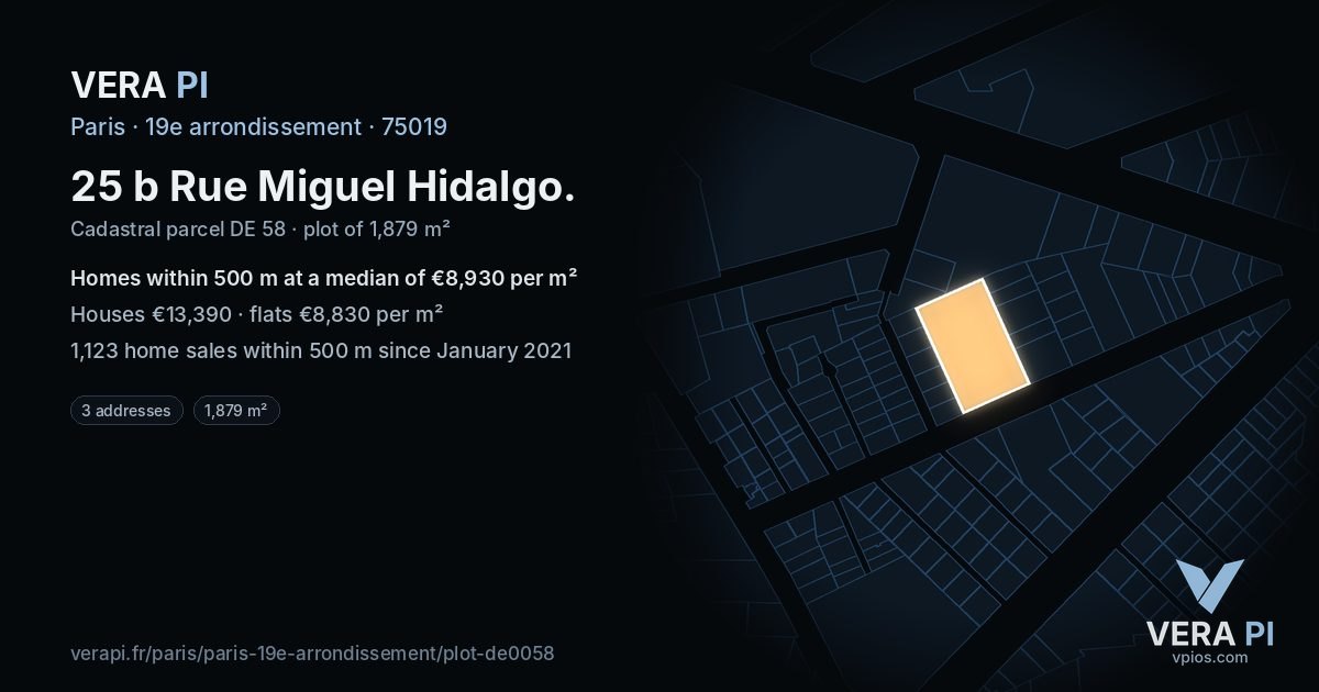 25 b Rue Miguel Hidalgo, 19e arrondissement at night – the plot lit, the parcels around coloured by the prices near them