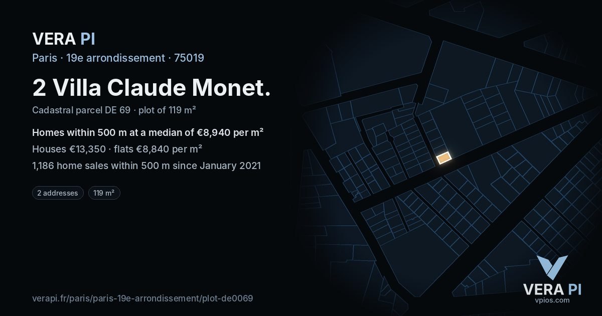 2 Villa Claude Monet, 19e arrondissement at night – the plot lit, the parcels around coloured by the prices near them