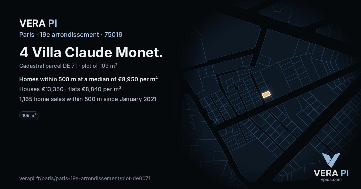 4 Villa Claude Monet, 19e arrondissement at night – the plot lit, the parcels around coloured by the prices near them