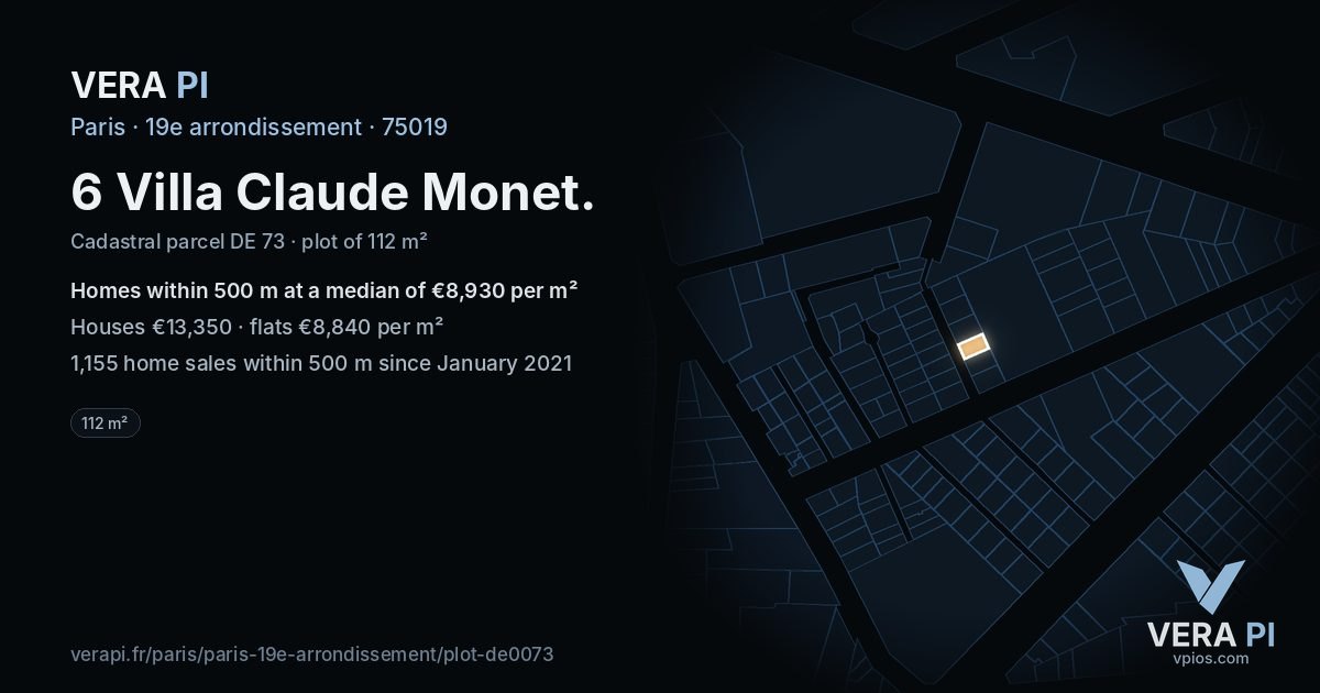6 Villa Claude Monet, 19e arrondissement at night – the plot lit, the parcels around coloured by the prices near them