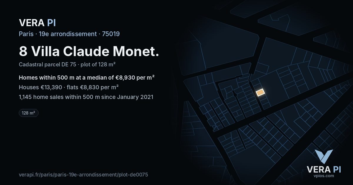 8 Villa Claude Monet, 19e arrondissement at night – the plot lit, the parcels around coloured by the prices near them