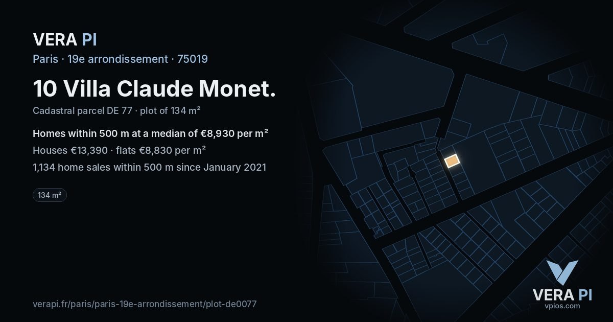 10 Villa Claude Monet, 19e arrondissement at night – the plot lit, the parcels around coloured by the prices near them