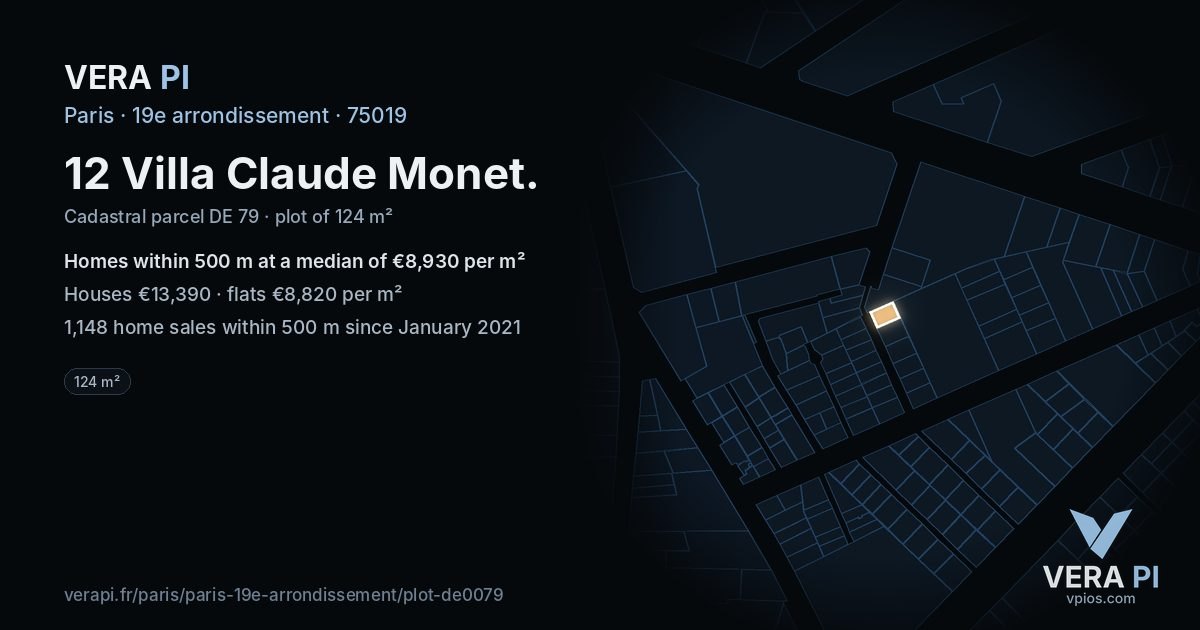 12 Villa Claude Monet, 19e arrondissement at night – the plot lit, the parcels around coloured by the prices near them