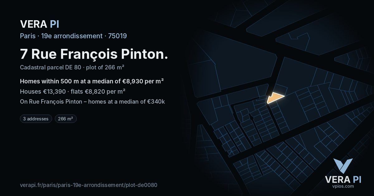 7 Rue François Pinton, 19e arrondissement at night – the plot lit, the parcels around coloured by the prices near them