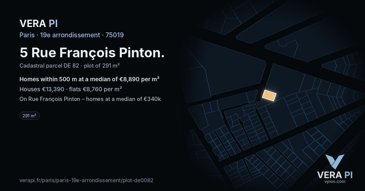 5 Rue François Pinton, 19e arrondissement at night – the plot lit, the parcels around coloured by the prices near them