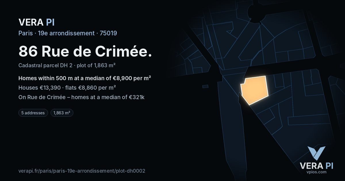 86 Rue de Crimée, 19e arrondissement at night – the plot lit, the parcels around coloured by the prices near them
