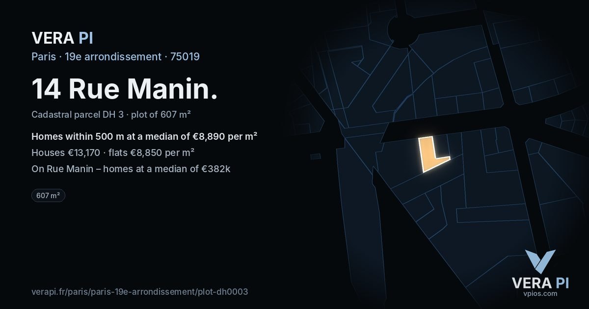 14 Rue Manin, 19e arrondissement at night – the plot lit, the parcels around coloured by the prices near them