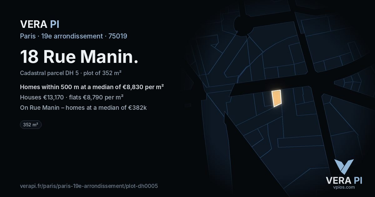 18 Rue Manin, 19e arrondissement at night – the plot lit, the parcels around coloured by the prices near them