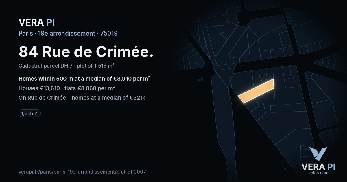 84 Rue de Crimée, 19e arrondissement at night – the plot lit, the parcels around coloured by the prices near them