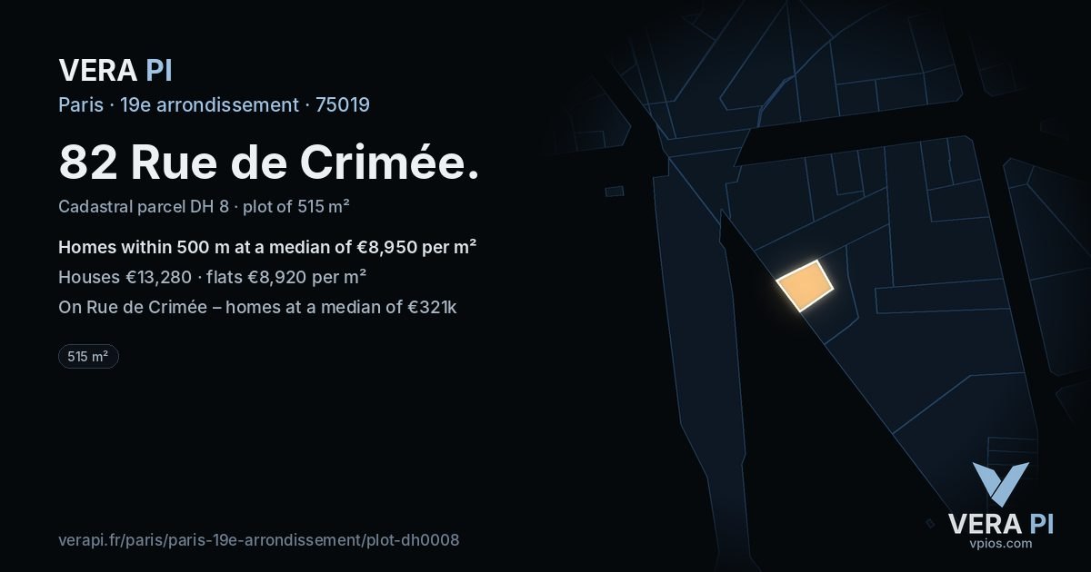 82 Rue de Crimée, 19e arrondissement at night – the plot lit, the parcels around coloured by the prices near them