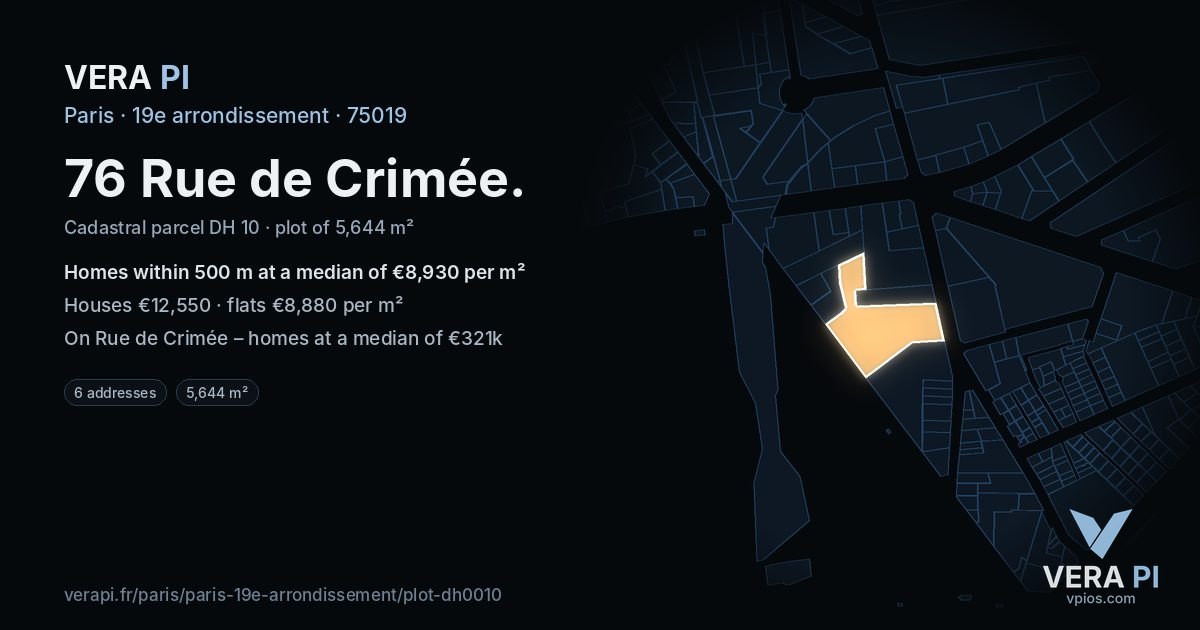 76 Rue de Crimée, 19e arrondissement at night – the plot lit, the parcels around coloured by the prices near them
