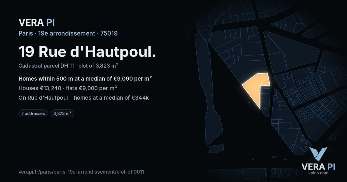 19 Rue d'Hautpoul, 19e arrondissement at night – the plot lit, the parcels around coloured by the prices near them