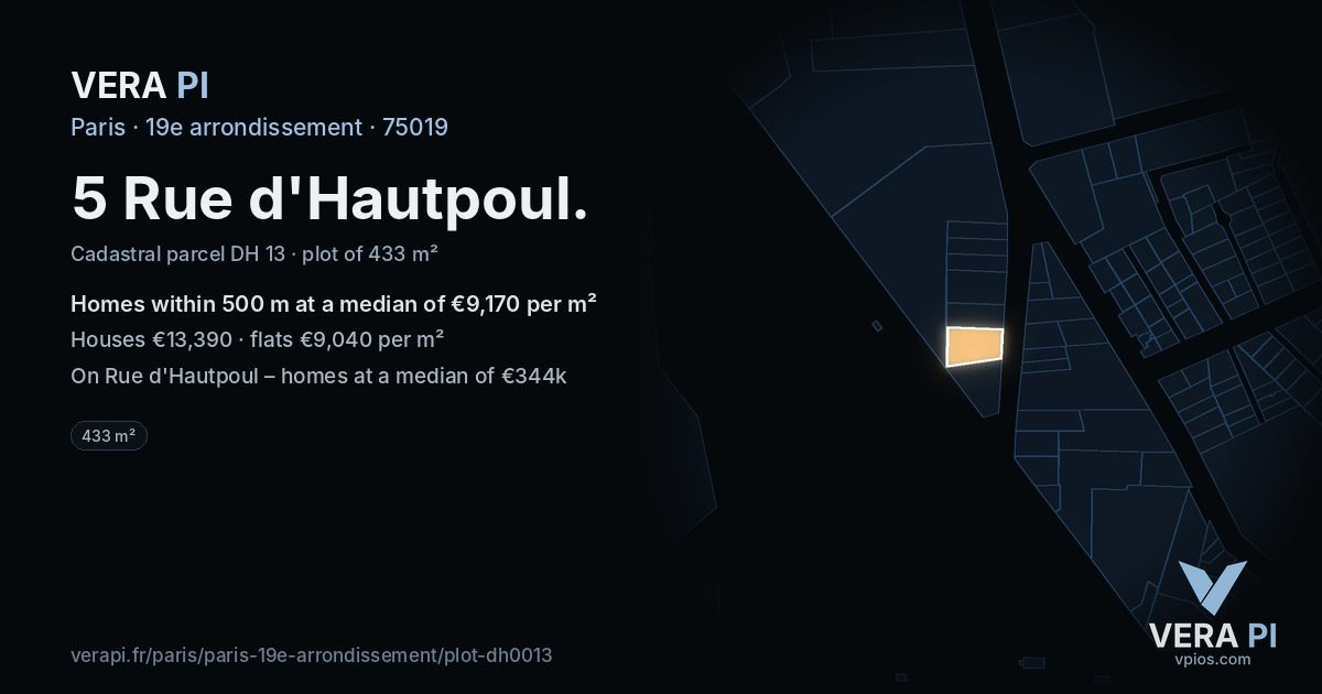 5 Rue d'Hautpoul, 19e arrondissement at night – the plot lit, the parcels around coloured by the prices near them