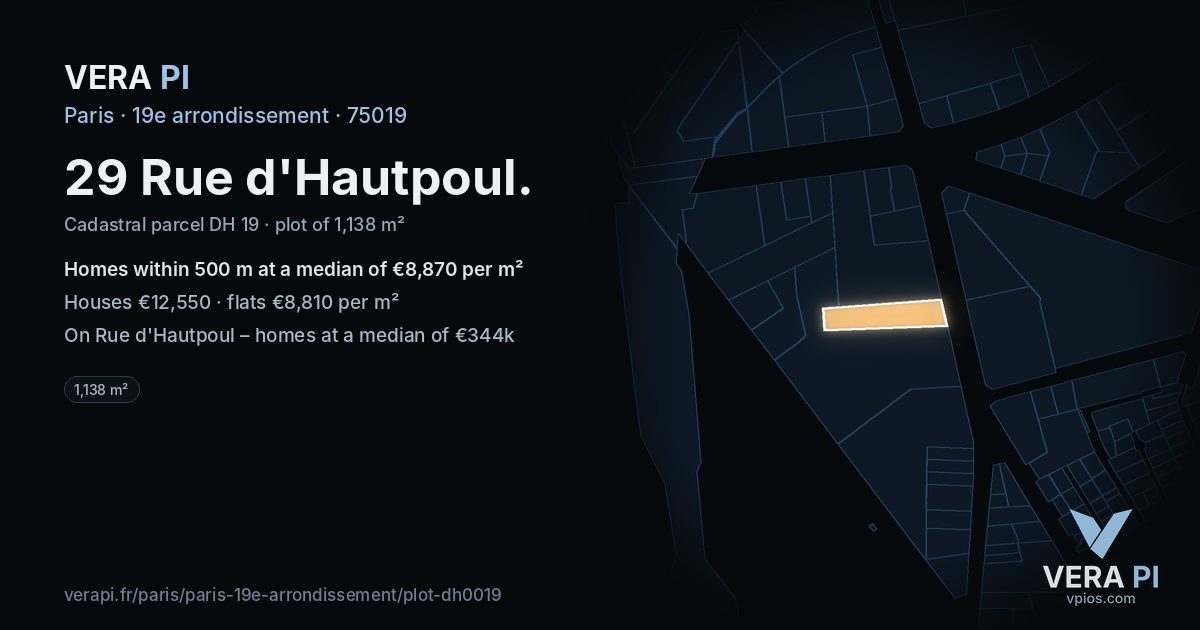 29 Rue d'Hautpoul, 19e arrondissement at night – the plot lit, the parcels around coloured by the prices near them