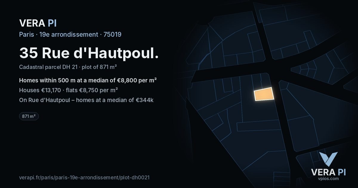 35 Rue d'Hautpoul, 19e arrondissement at night – the plot lit, the parcels around coloured by the prices near them