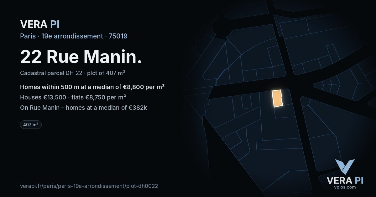 22 Rue Manin, 19e arrondissement at night – the plot lit, the parcels around coloured by the prices near them