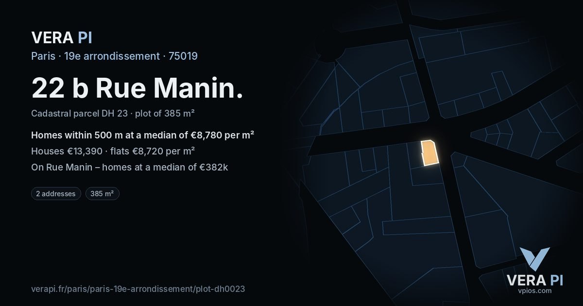 22 b Rue Manin, 19e arrondissement at night – the plot lit, the parcels around coloured by the prices near them