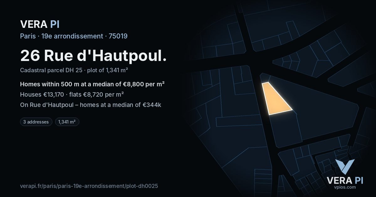 26 Rue d'Hautpoul, 19e arrondissement at night – the plot lit, the parcels around coloured by the prices near them