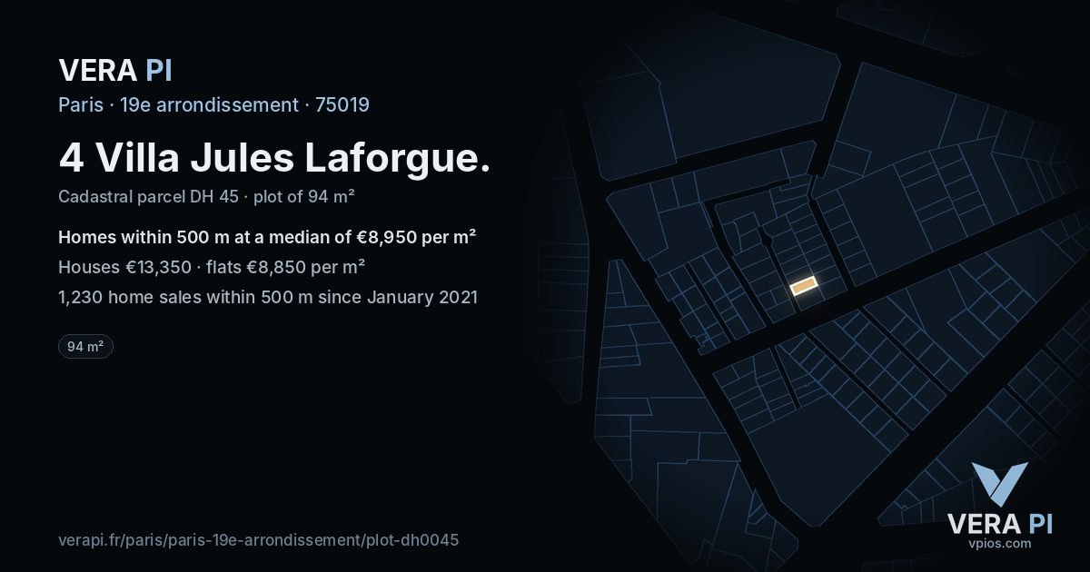 4 Villa Jules Laforgue, 19e arrondissement at night – the plot lit, the parcels around coloured by the prices near them