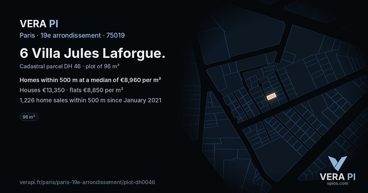 6 Villa Jules Laforgue, 19e arrondissement at night – the plot lit, the parcels around coloured by the prices near them