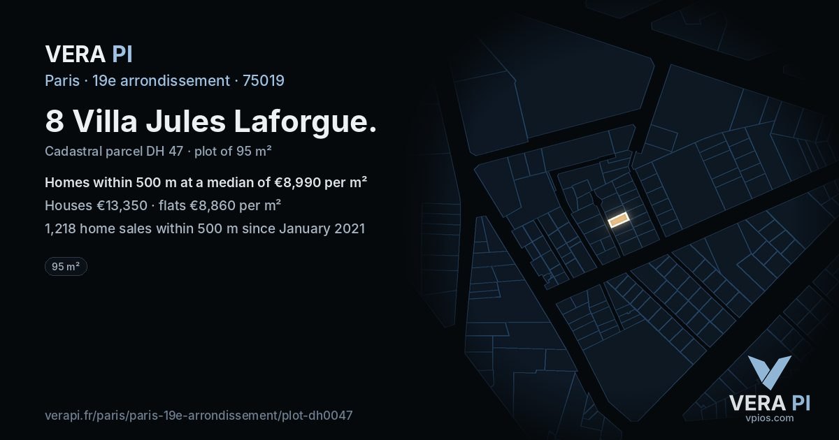 8 Villa Jules Laforgue, 19e arrondissement at night – the plot lit, the parcels around coloured by the prices near them