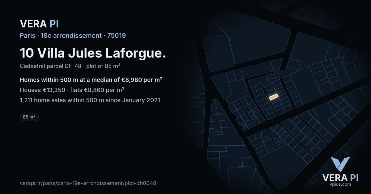 10 Villa Jules Laforgue, 19e arrondissement at night – the plot lit, the parcels around coloured by the prices near them
