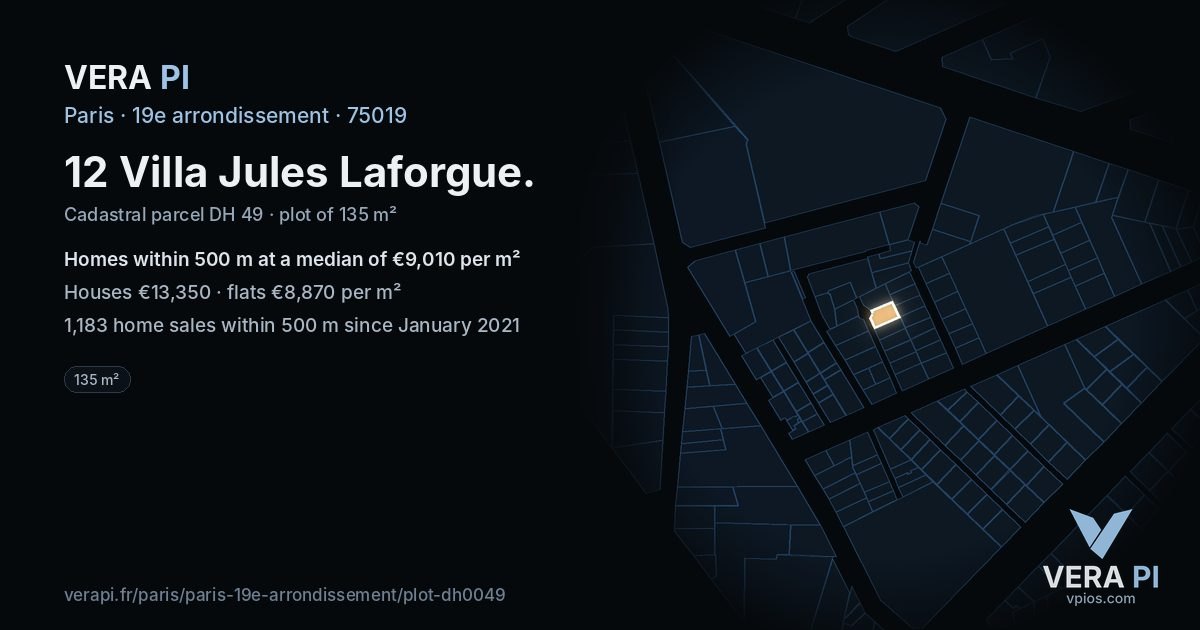 12 Villa Jules Laforgue, 19e arrondissement at night – the plot lit, the parcels around coloured by the prices near them