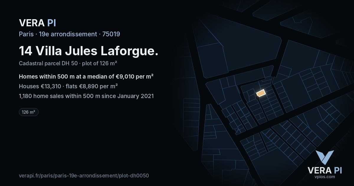14 Villa Jules Laforgue, 19e arrondissement at night – the plot lit, the parcels around coloured by the prices near them