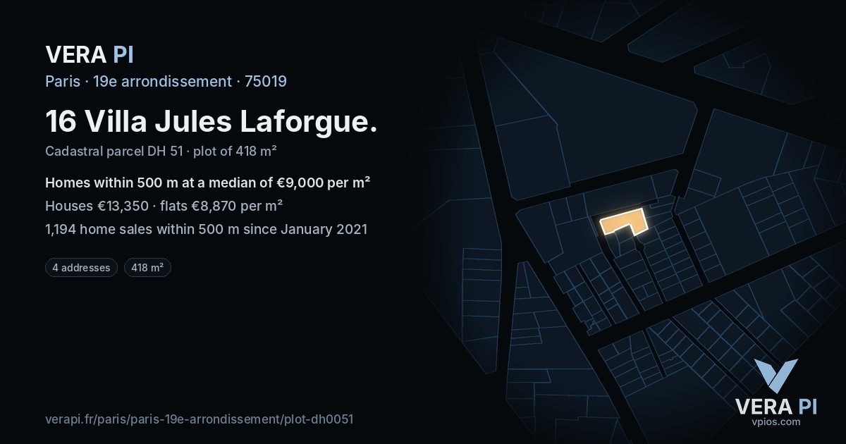16 Villa Jules Laforgue, 19e arrondissement at night – the plot lit, the parcels around coloured by the prices near them