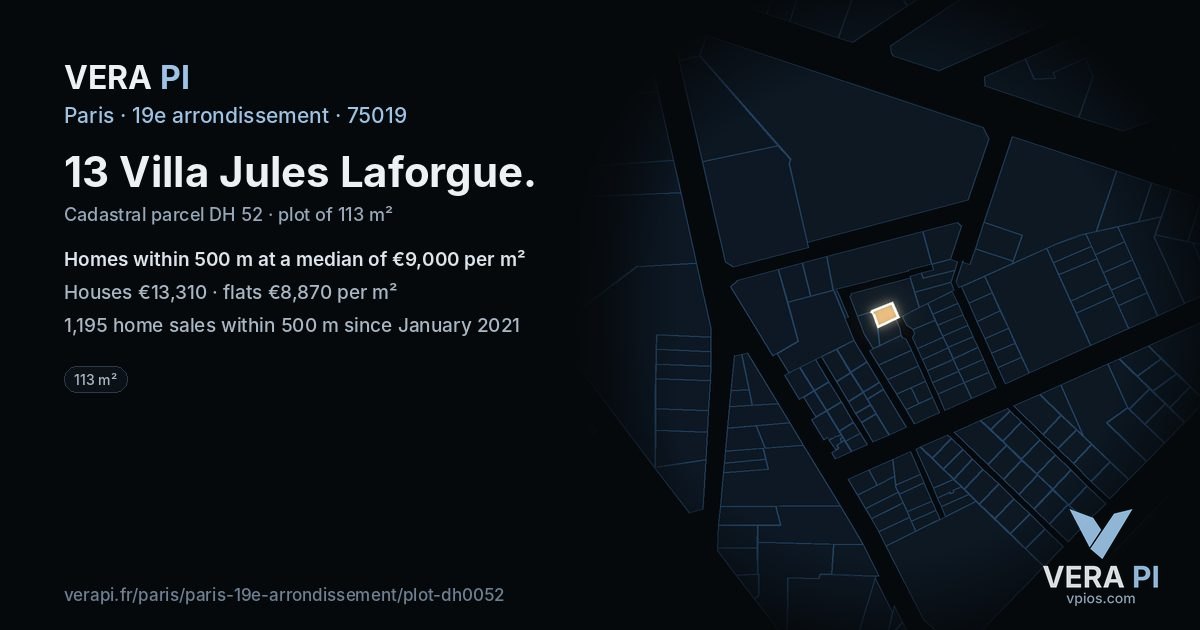 13 Villa Jules Laforgue, 19e arrondissement at night – the plot lit, the parcels around coloured by the prices near them
