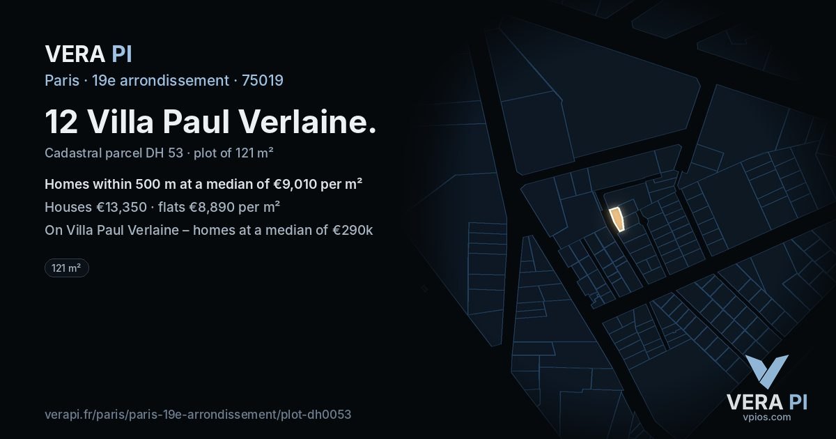 12 Villa Paul Verlaine, 19e arrondissement at night – the plot lit, the parcels around coloured by the prices near them