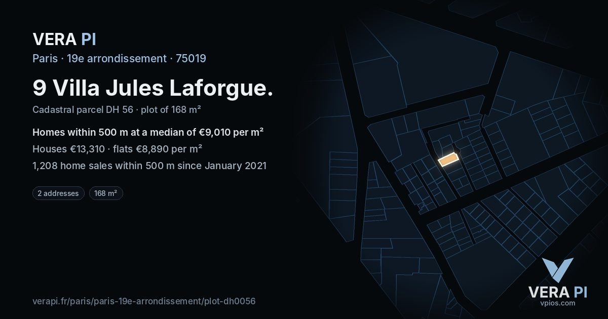 9 Villa Jules Laforgue, 19e arrondissement at night – the plot lit, the parcels around coloured by the prices near them