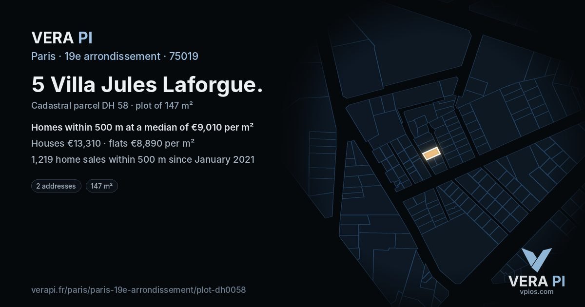 5 Villa Jules Laforgue, 19e arrondissement at night – the plot lit, the parcels around coloured by the prices near them