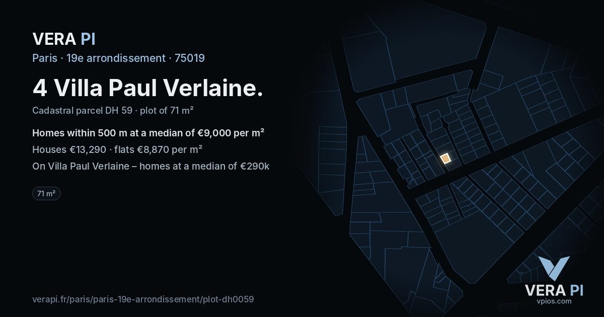 4 Villa Paul Verlaine, 19e arrondissement at night – the plot lit, the parcels around coloured by the prices near them