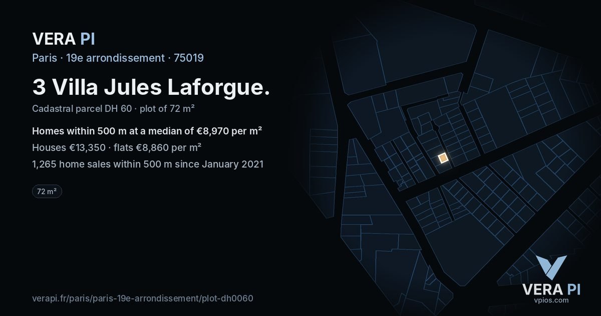 3 Villa Jules Laforgue, 19e arrondissement at night – the plot lit, the parcels around coloured by the prices near them
