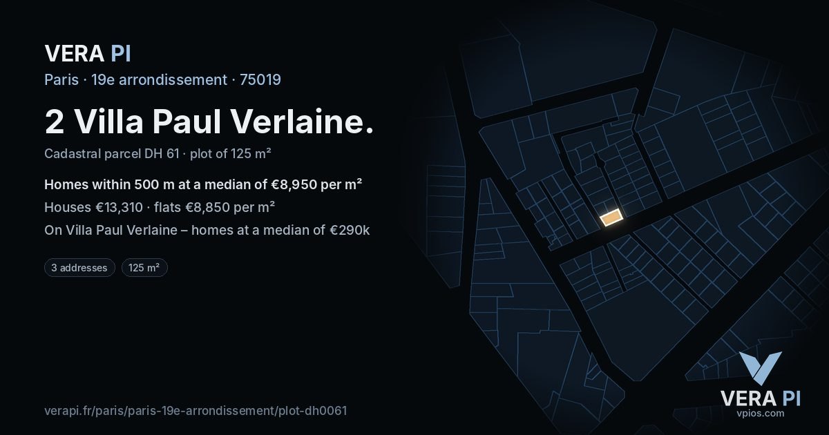 2 Villa Paul Verlaine, 19e arrondissement at night – the plot lit, the parcels around coloured by the prices near them
