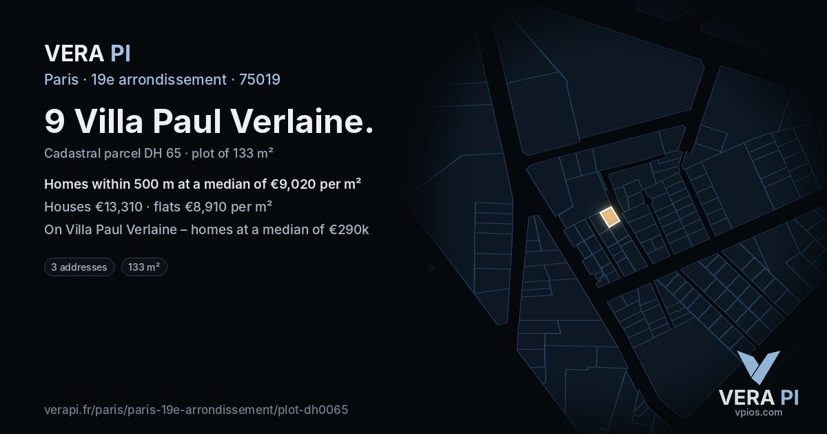 9 Villa Paul Verlaine, 19e arrondissement at night – the plot lit, the parcels around coloured by the prices near them