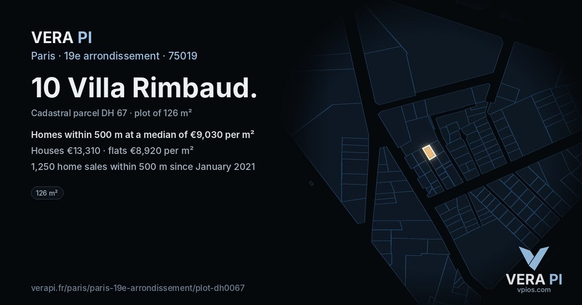 10 Villa Rimbaud, 19e arrondissement at night – the plot lit, the parcels around coloured by the prices near them